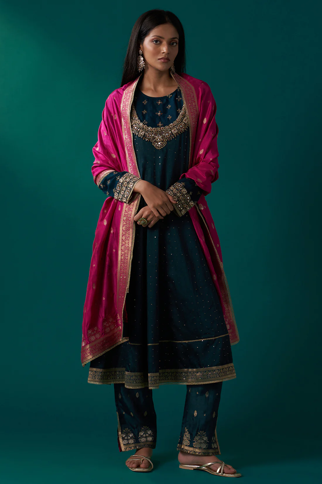 Teal Green Heavy Embroidered Sequined Anarkali Kurta